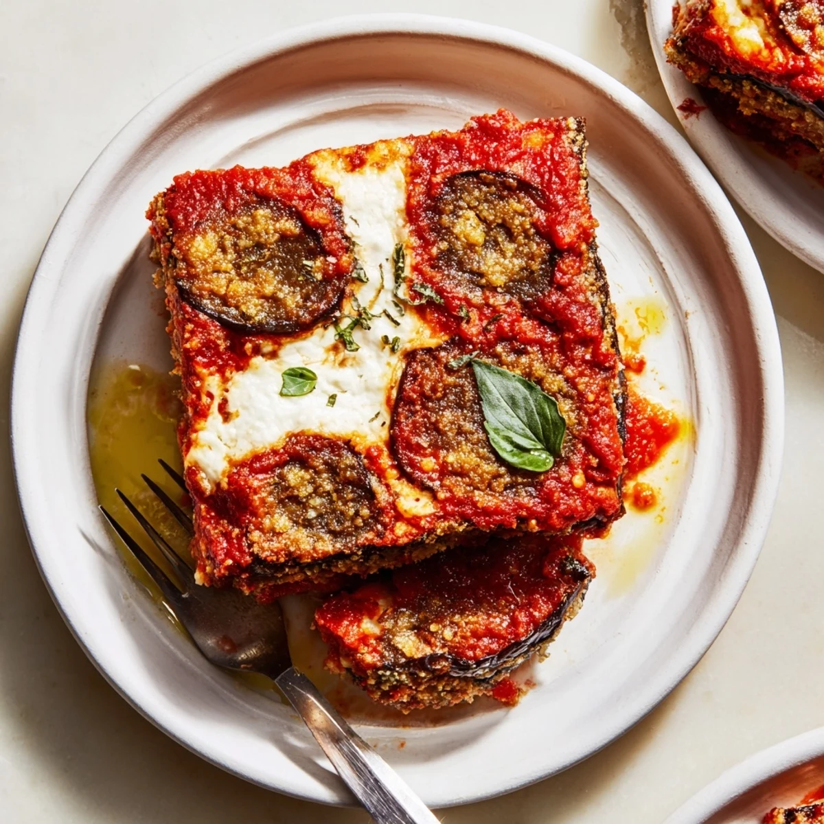 Baked Eggplant Parmesan with bubbling golden cheese, basil garnish, ready to serve