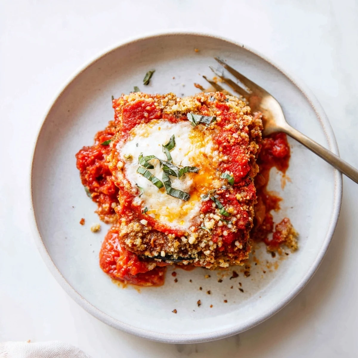 Hearty Baked Eggplant Parmesan slices, golden edges and melted mozzarella, paired with salad