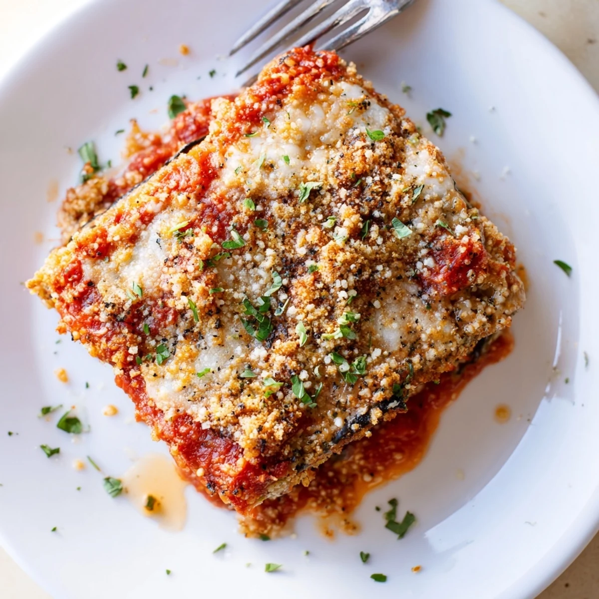 Oven-hot Baked Eggplant Parmesan layered with tangy marinara and crisp breadcrumbs