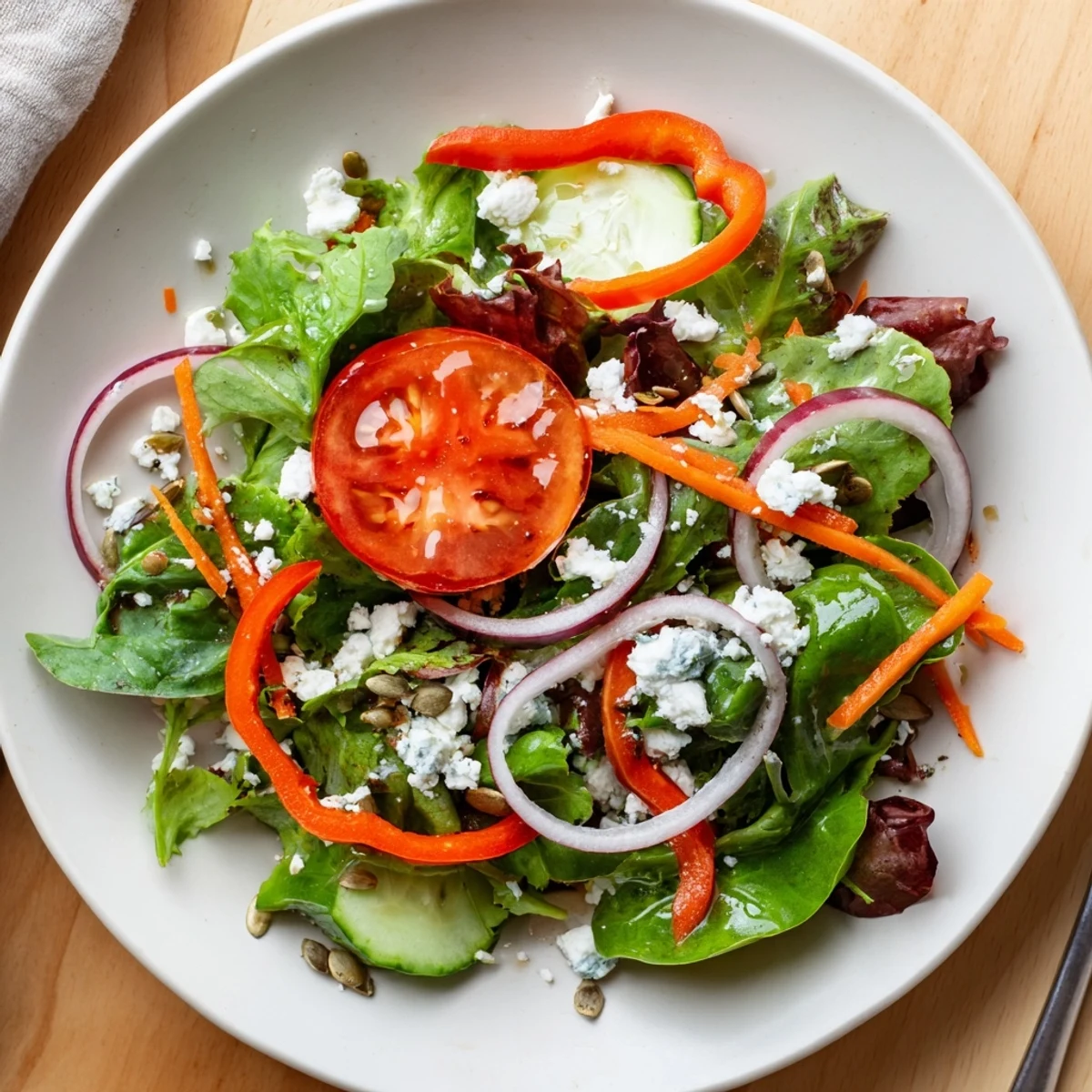 Simple Garden Salad tossed in olive oil vinaigrette, topped with crumbled feta.