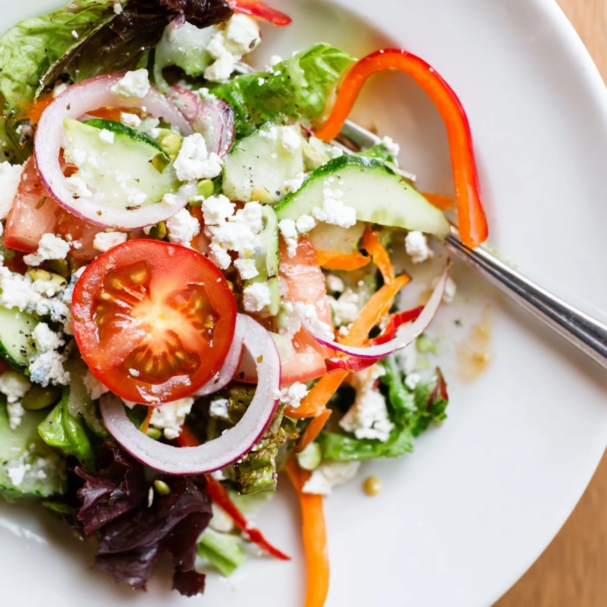 Bright Garden Salad in bowl, crunchy cucumber, shredded carrot, pairs with grilled chicken.