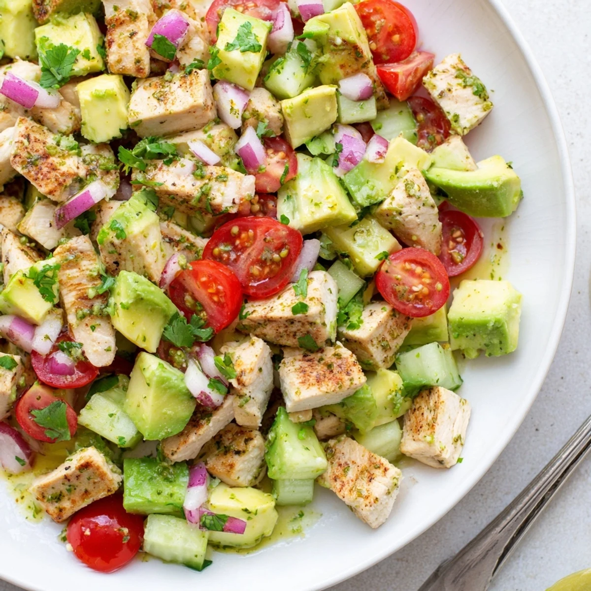 Healthy Avocado Chicken Salad piled on toast, tangy lime, minced garlic aroma