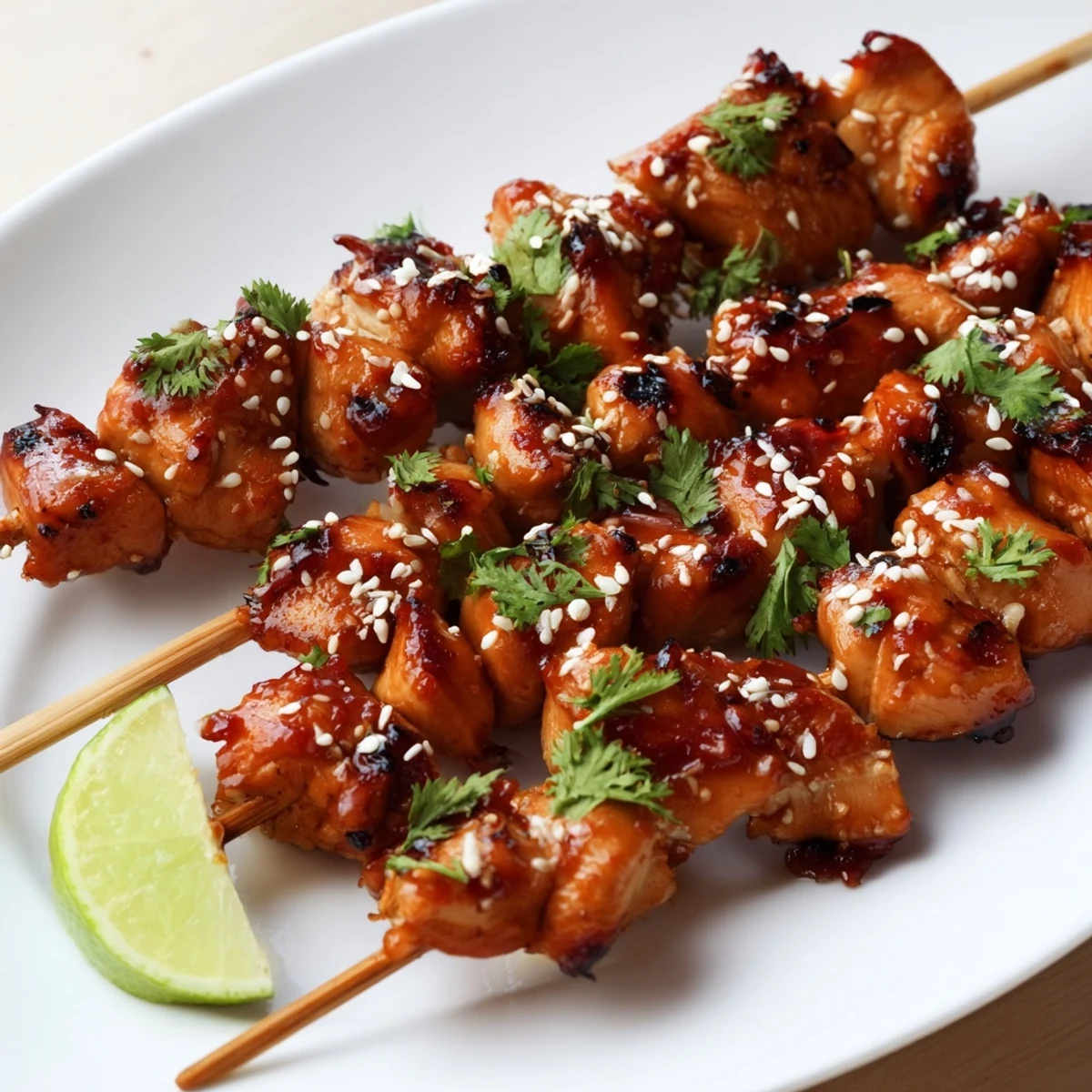 Golden grilled Spicy Honey Garlic Chicken Skewers with caramelized char marks and fresh cilantro garnish