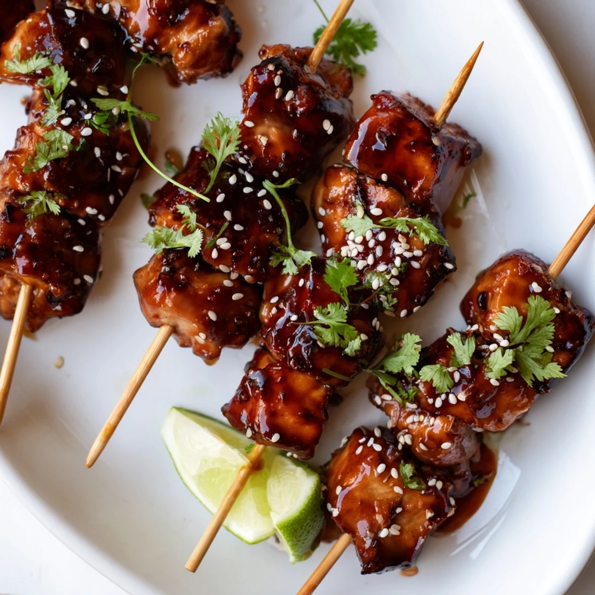 Juicy chicken on skewers glazed in spicy honey garlic sauce with lime wedges on a wooden board