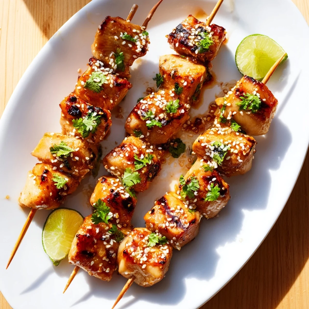 Plate of Spicy Honey Garlic Chicken Skewers sprinkled with sesame seeds and served with grilled vegetables