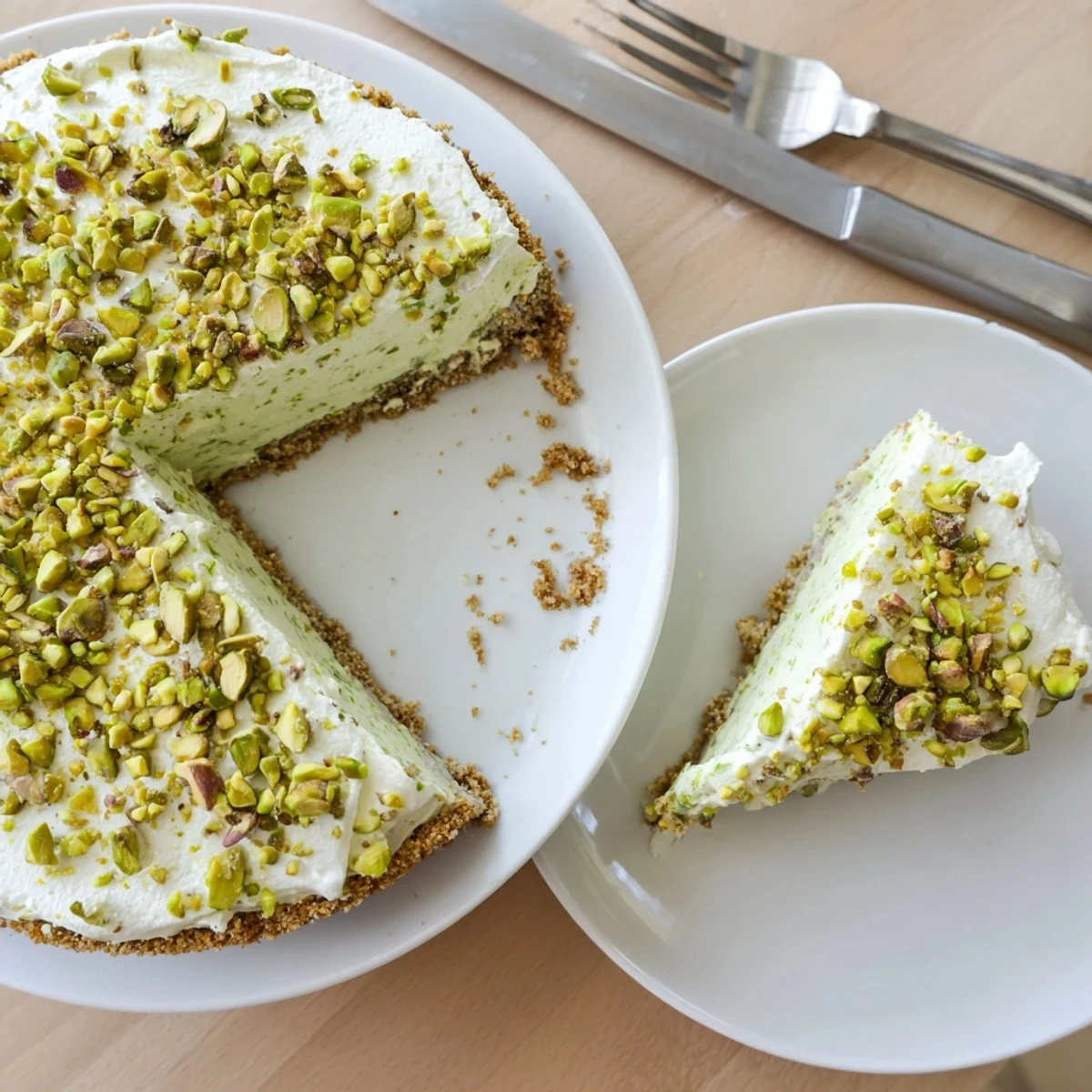 Creamy pistachio cheesecake with buttery graham crust and whipped cream topping on white plate