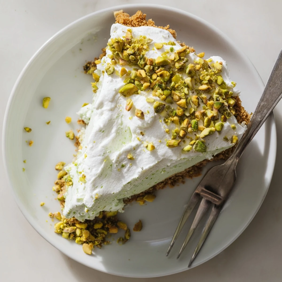 Slice of nutty pistachio cheesecake showing green-speckled filling and crunchy crust on serving dish