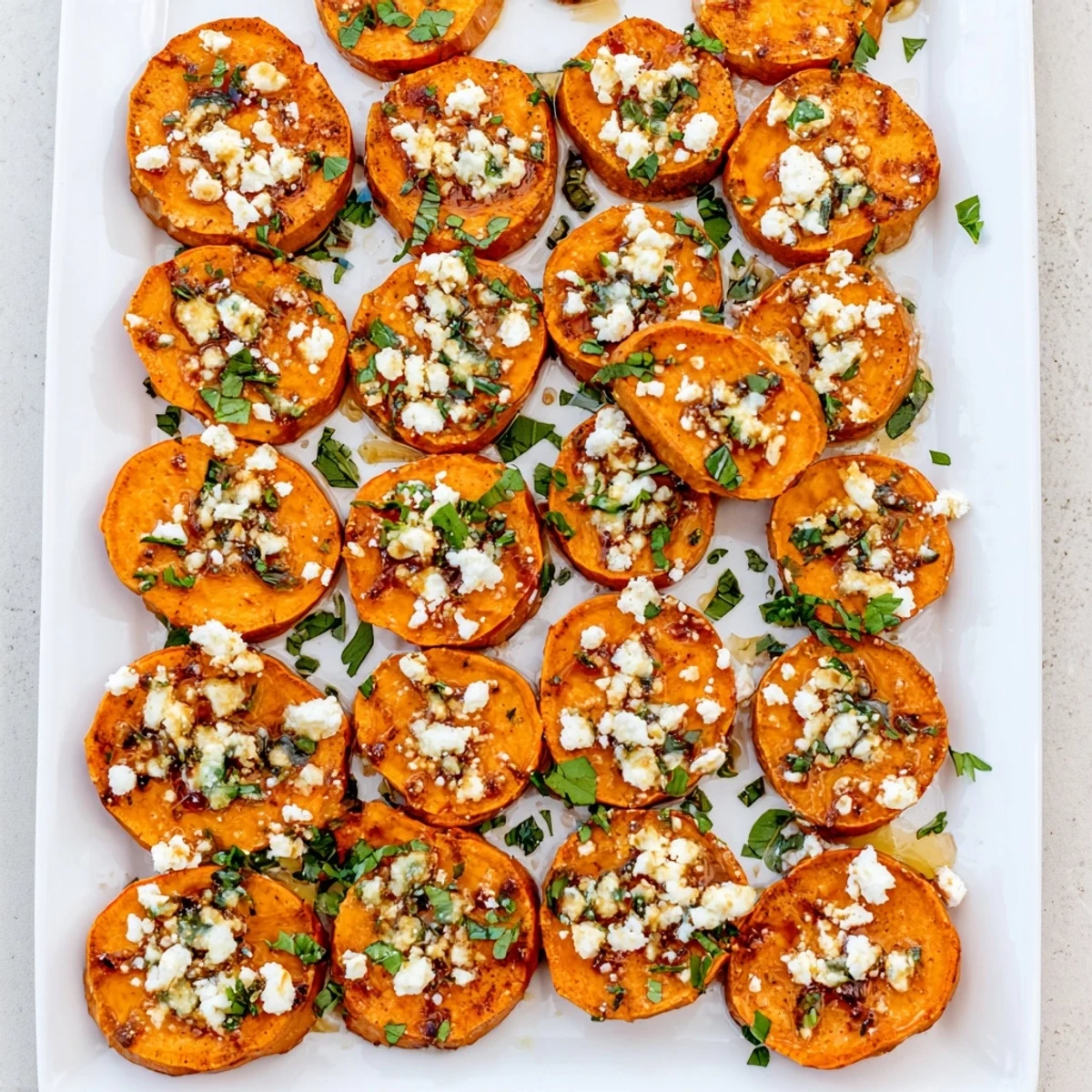 Appetizer spread featuring honey feta sweet potato crostini with herb drizzle arranged elegantly for entertaining