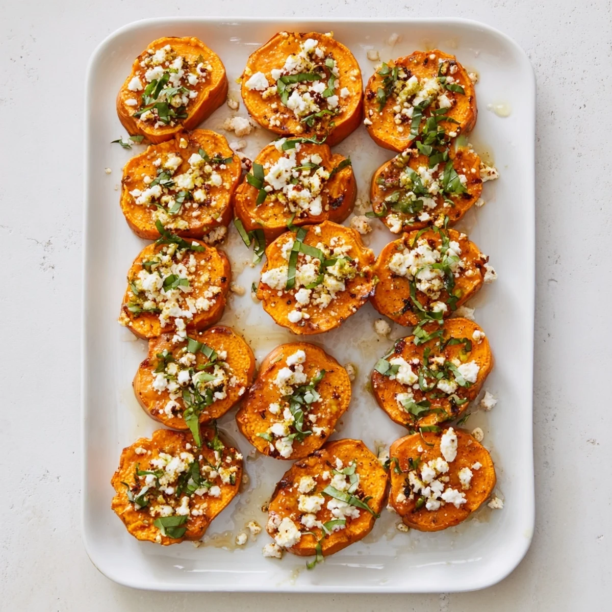 Golden roasted sweet potato crostini topped with crumbled feta cheese, honey drizzle, and fresh green herbs on a white serving platter