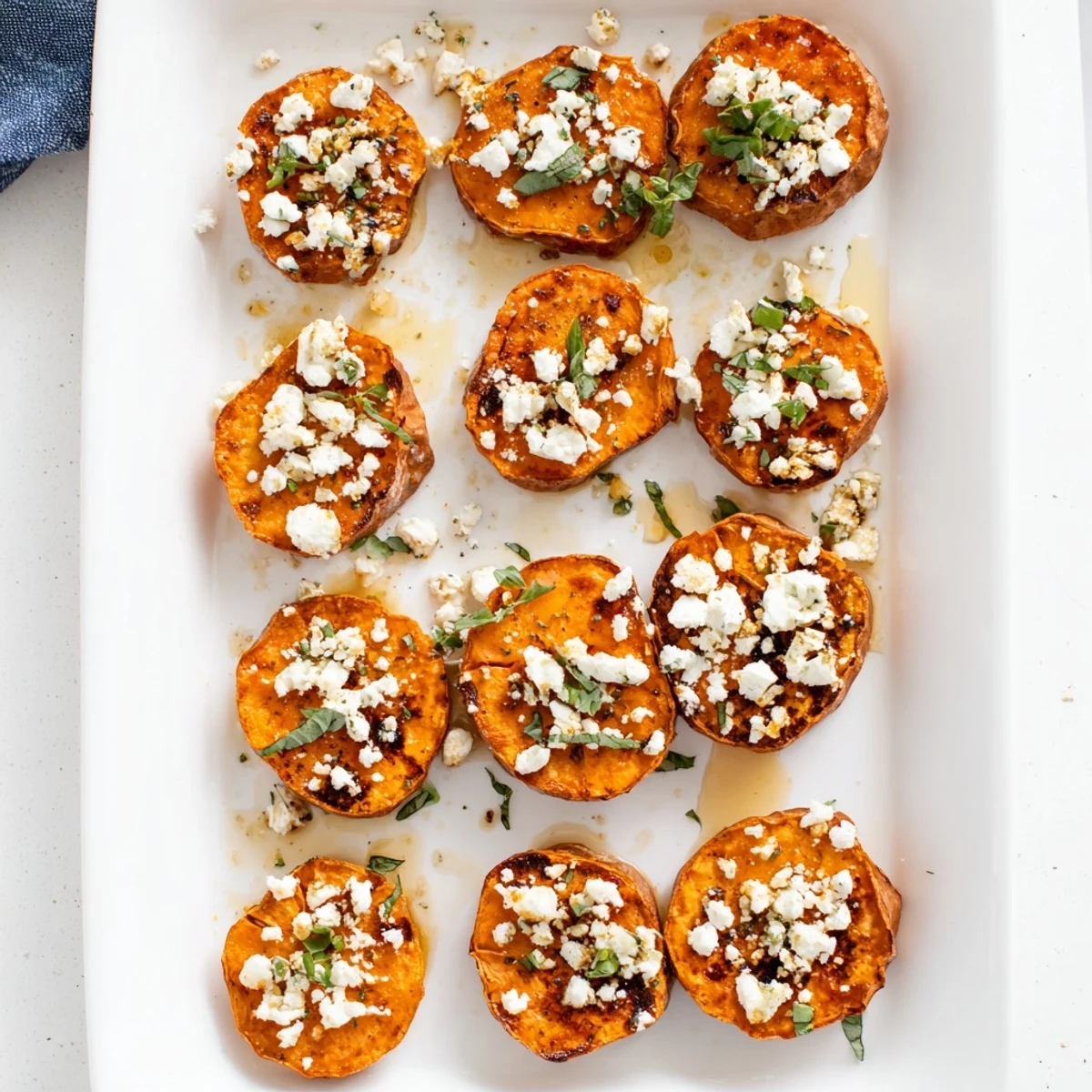 Close-up of Mediterranean sweet potato rounds with creamy feta, sweet honey glaze, and vibrant herb garnish