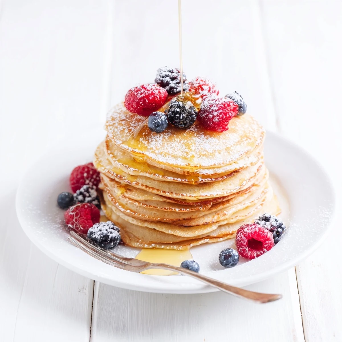 Golden honey generously drizzled over warm, delicate crepes with honey drizzle on a white plate