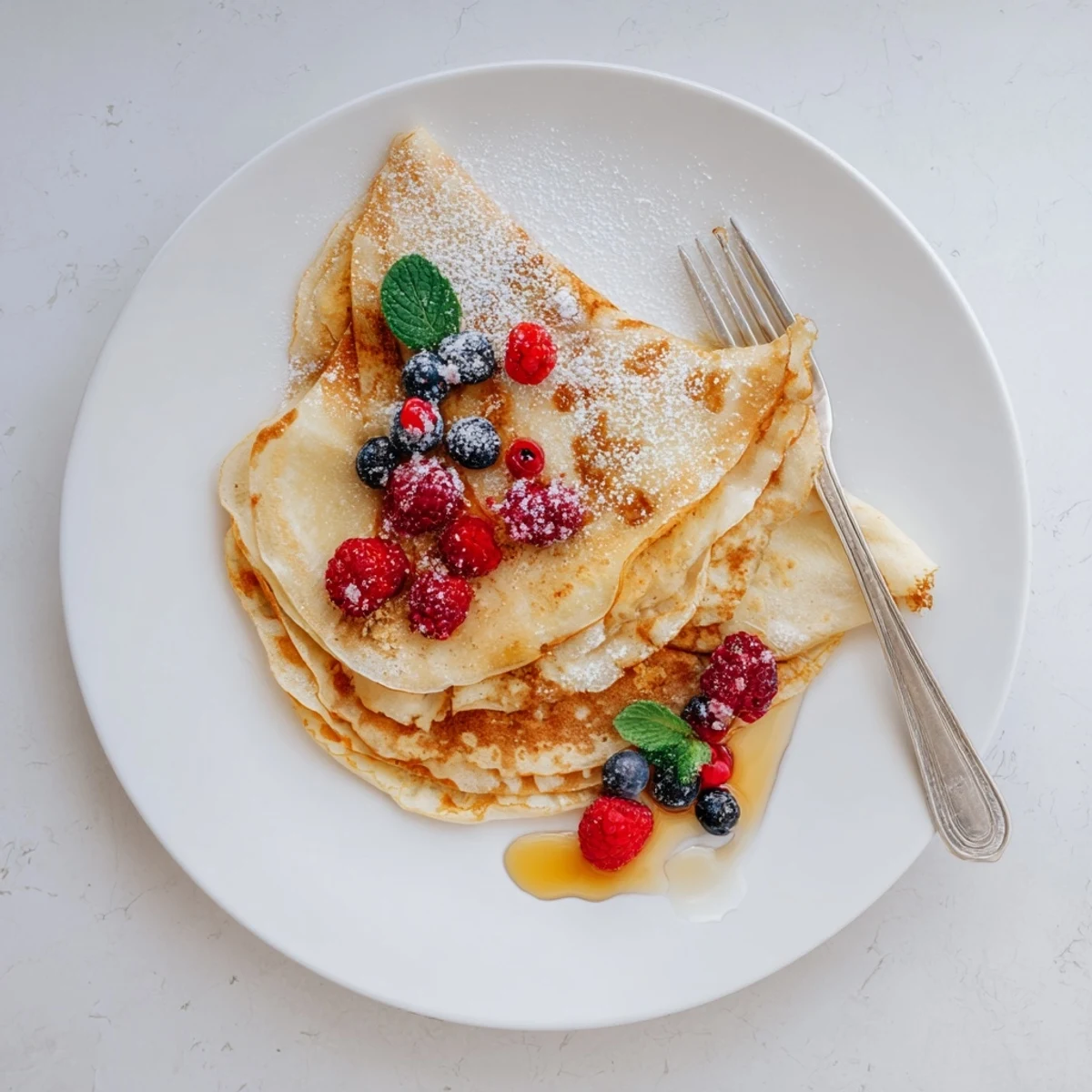 Thin French crepes with honey drizzle stacked high and finished with sweet golden syrup topping