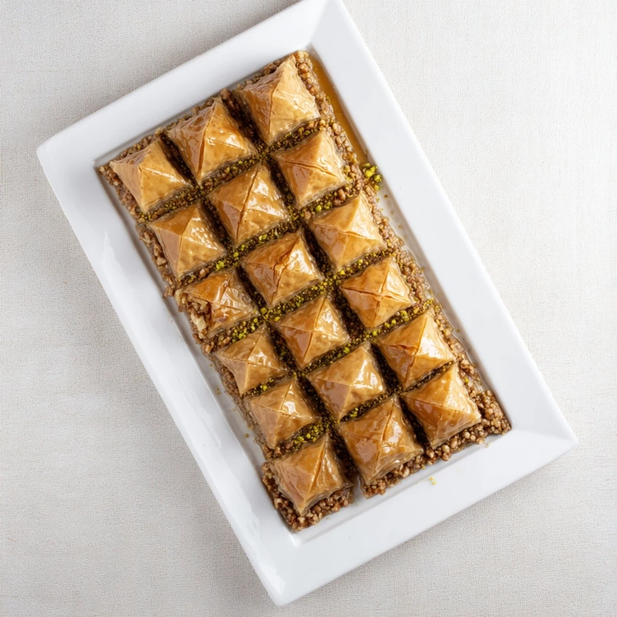 Golden baklava dessert with flaky phyllo layers and chopped walnuts pistachios drizzled with sweet honey syrup