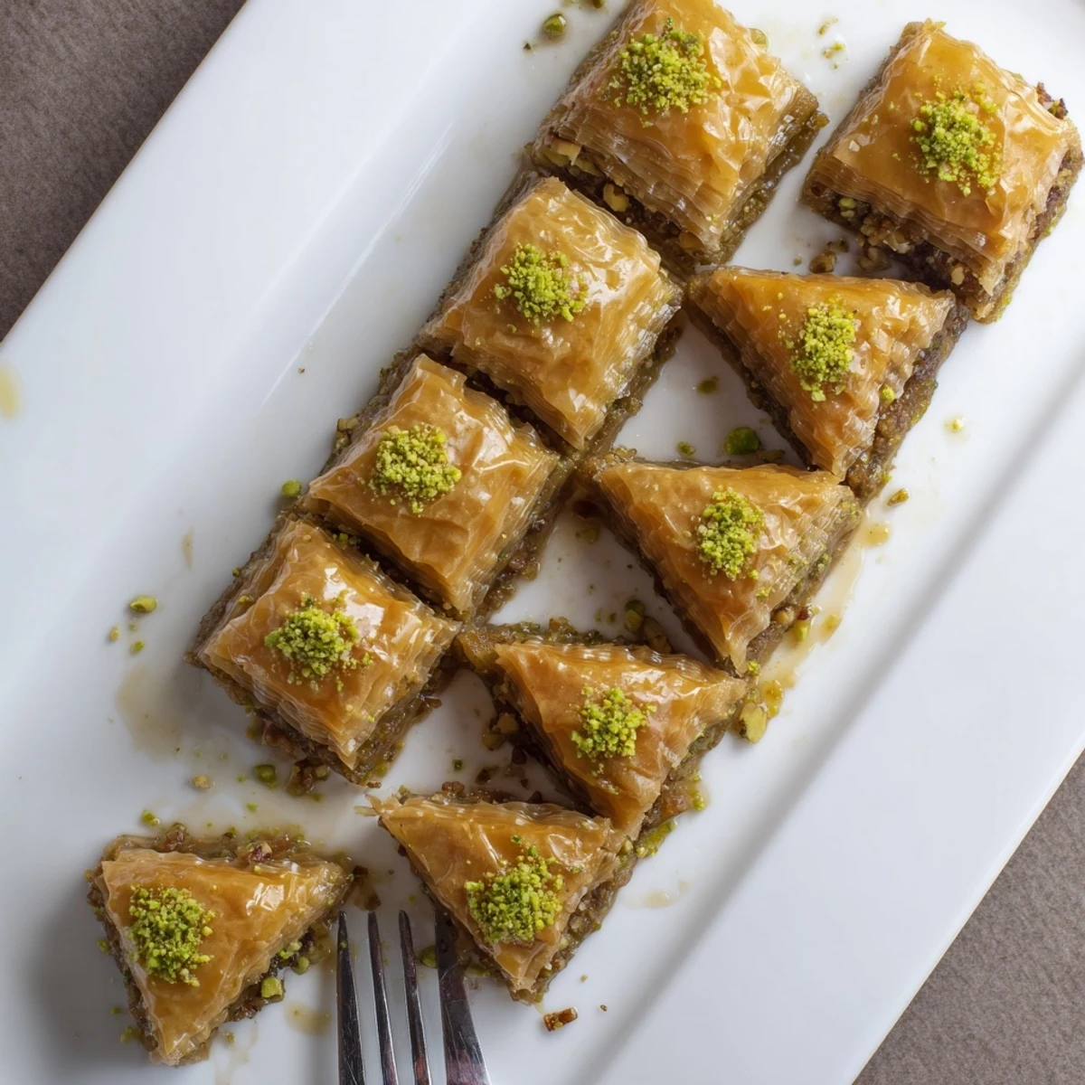 Homemade baklava arranged in diamond shapes featuring buttery crisp pastry and aromatic cinnamon spiced nut filling