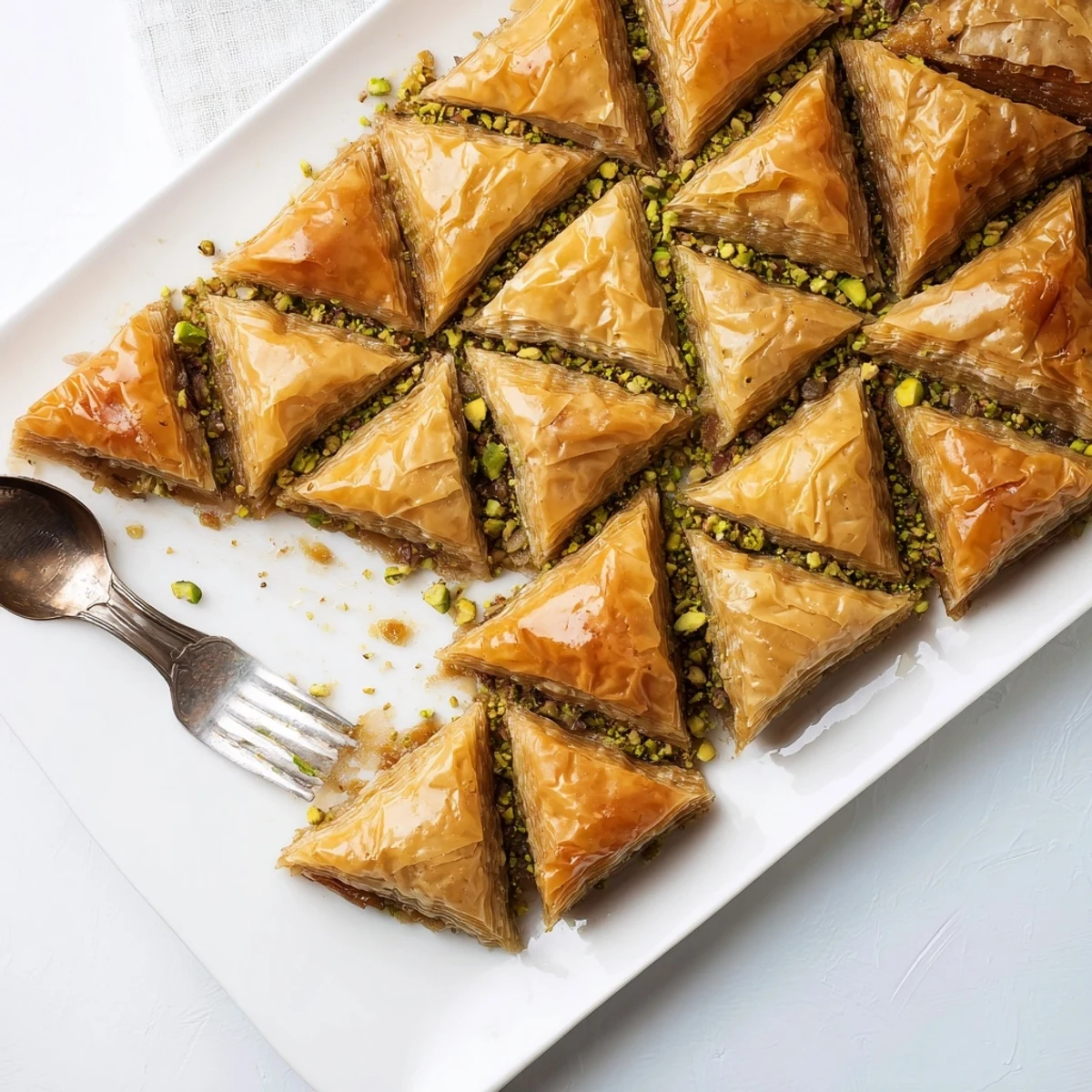 Middle Eastern baklava pastry stacked with nuts and soaked in citrus honey syrup on a serving platter