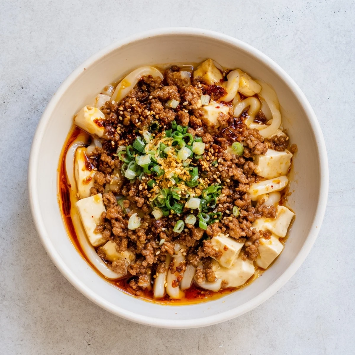 Steaming bowl of Mapo Tofu Udon featuring chewy noodles coated in spicy red sauce with soft tofu cubes