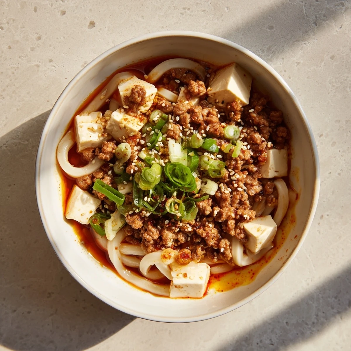 Japanese udon noodles topped with Sichuan-style mapo tofu, garnished with green onions and sesame seeds