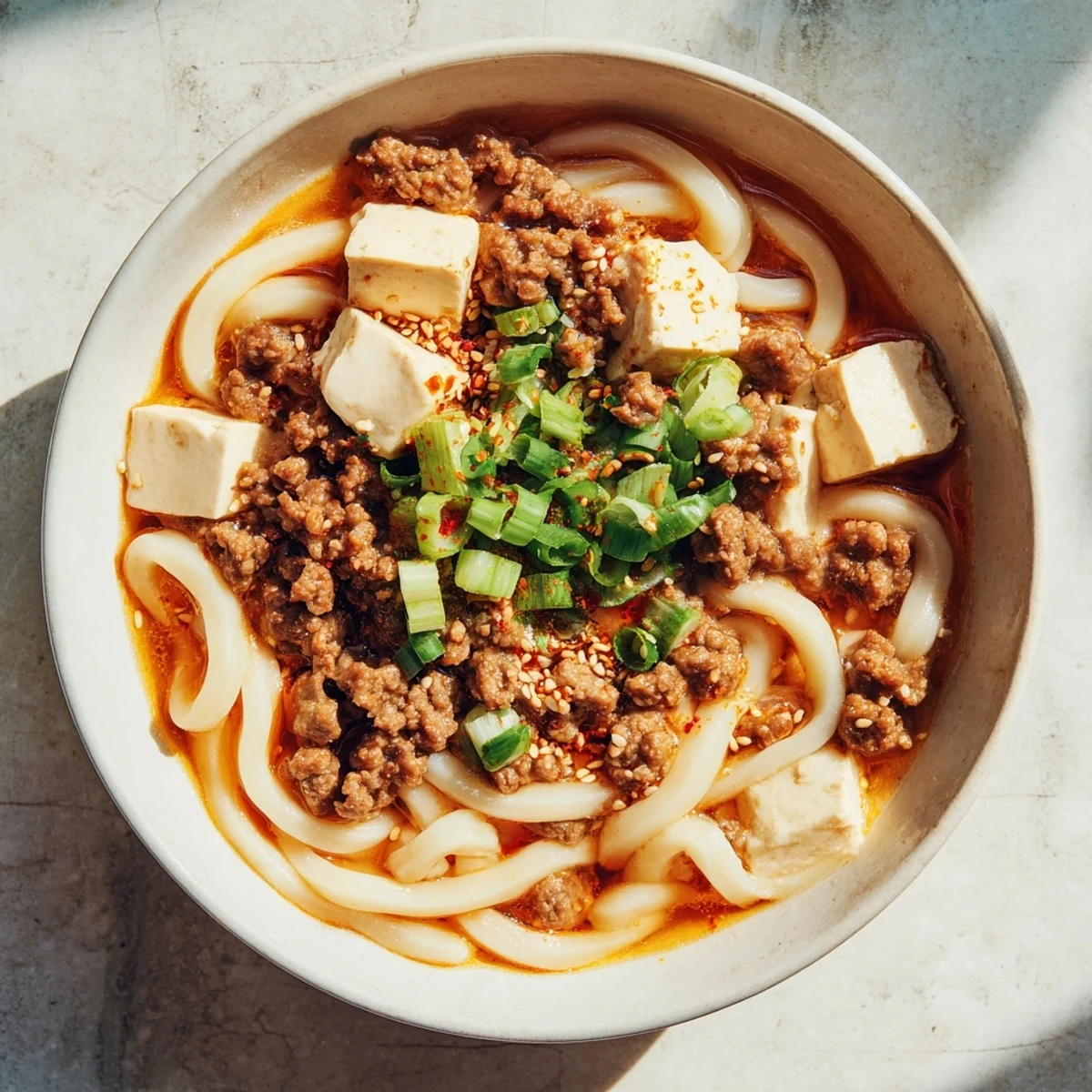 Comforting Mapo Tofu Udon fusion dish with thick savory sauce, silky tofu, and spring onion garnish