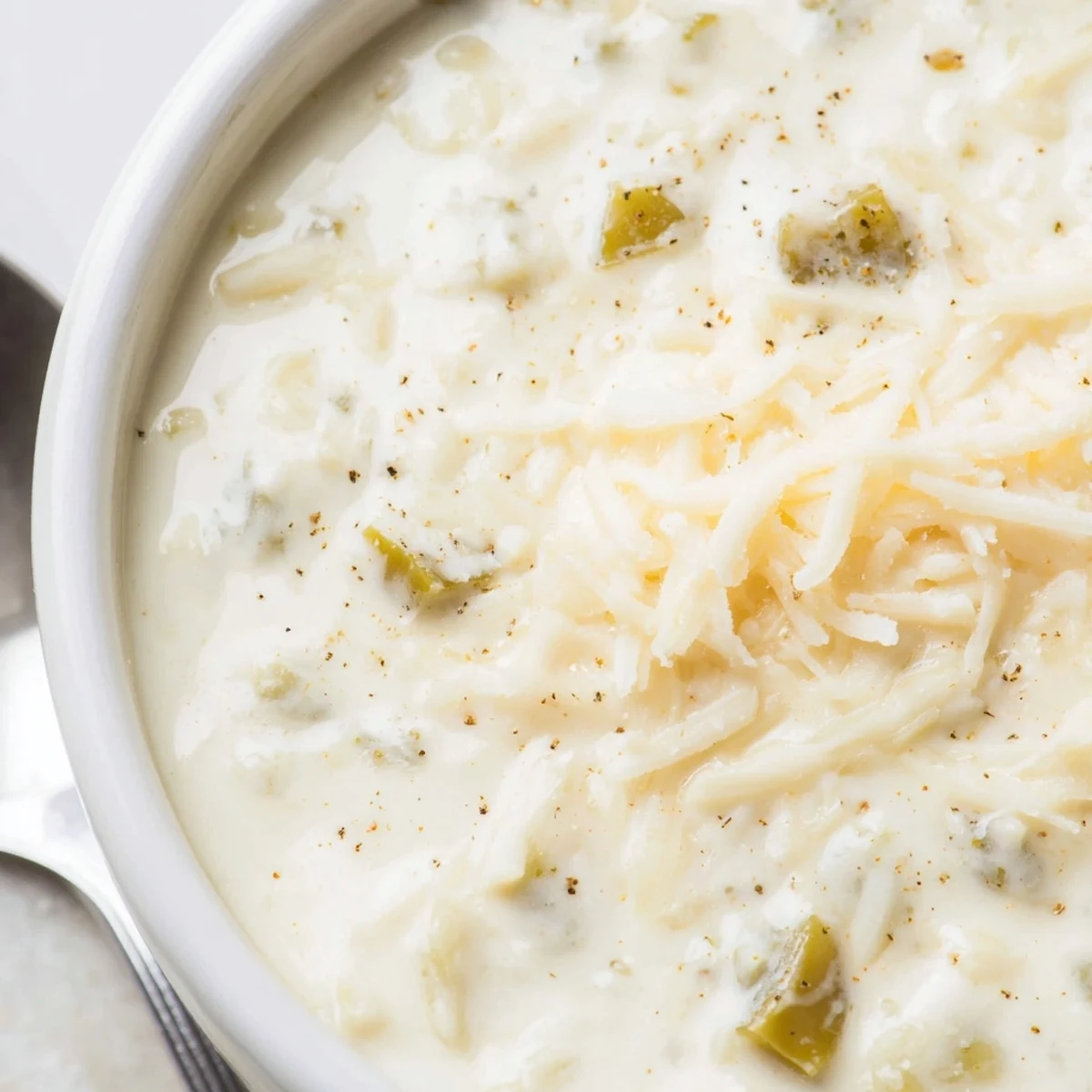 Creamy white queso dip bubbling in a bowl, topped with diced jalapeños and served crispy tortilla chips