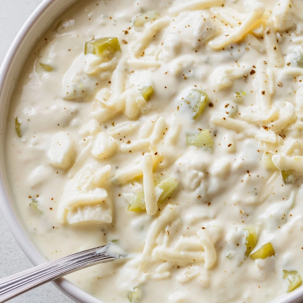Gooey white queso dip with melted American cheese, green chilies, and onions, perfect for scooping