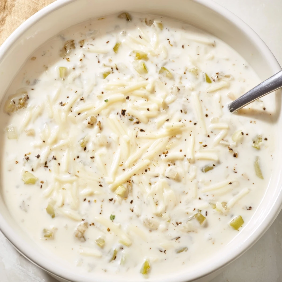 Smooth white queso dip loaded with spices and vegetables, garnished with fresh cilantro alongside warm chips