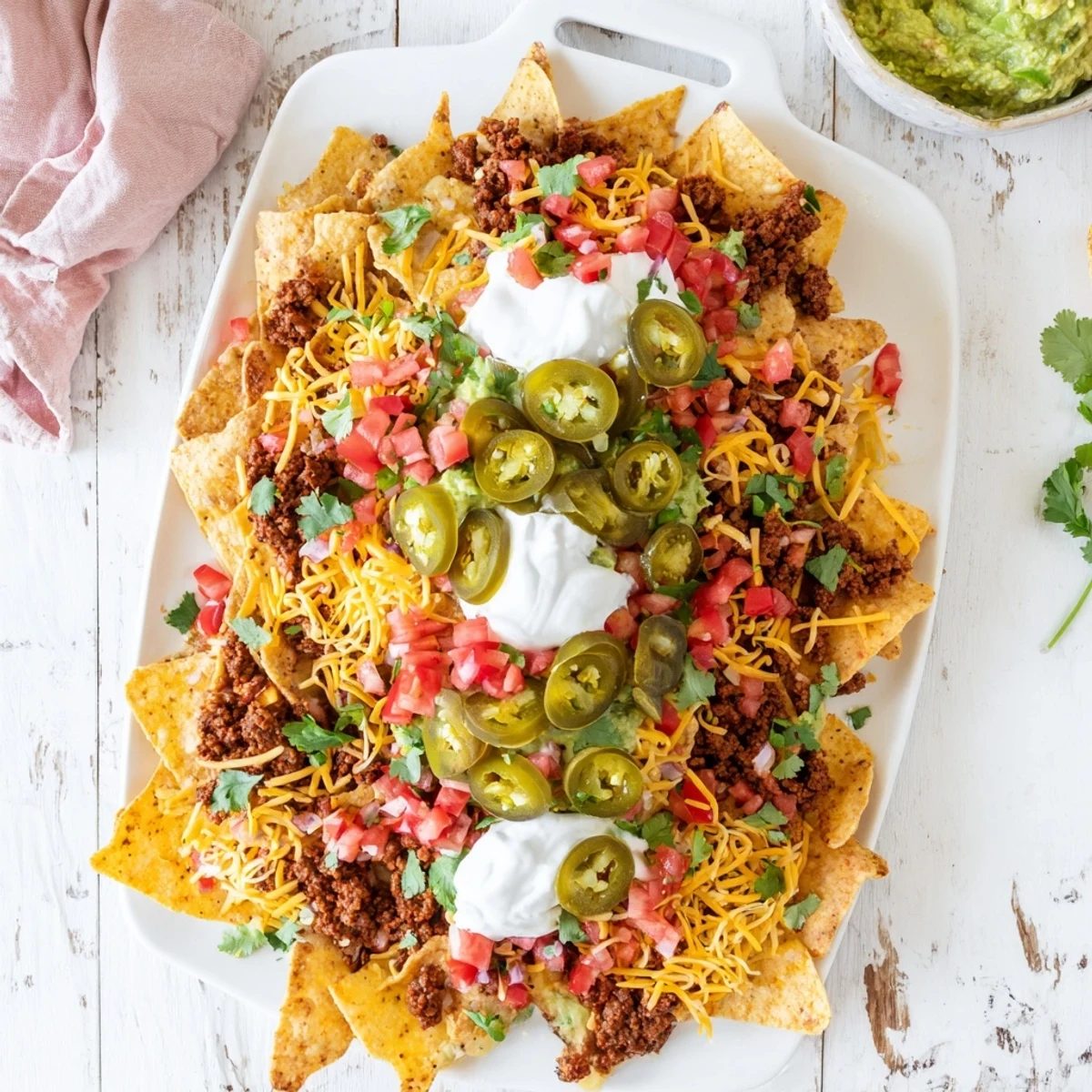 Baked Texas Nachos featuring layers of crispy tortilla chips, spiced ground beef and bubbling cheese