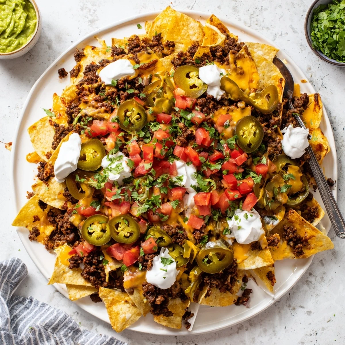 Loaded Texas Nachos piled high with seasoned beef, melted cheddar, fresh jalapeños and vibrant toppings