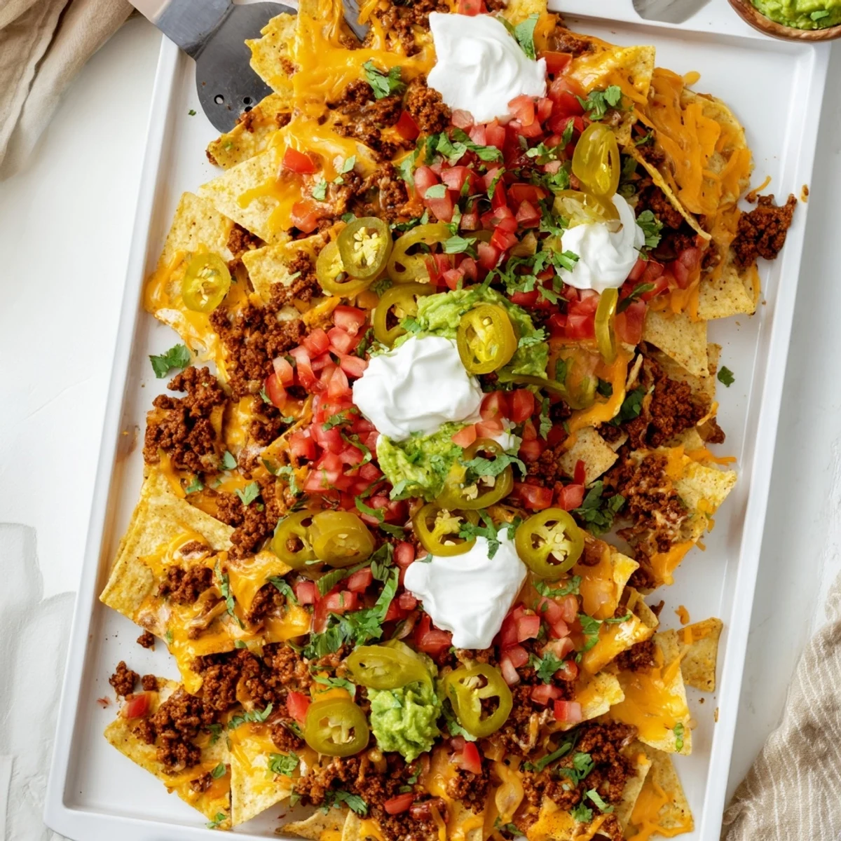 Classic Texas Nachos topped with sour cream, guacamole, diced tomatoes and cilantro on a platter