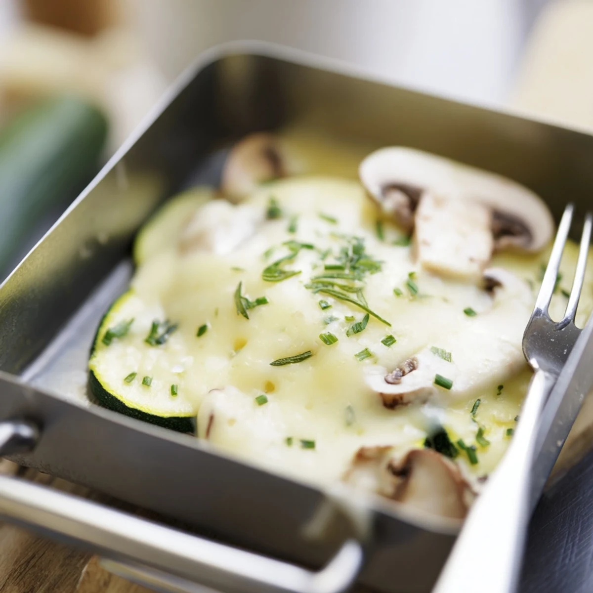 Golden melted raclette cheese bubbling over roasted vegetables and boiled potatoes on a wooden board