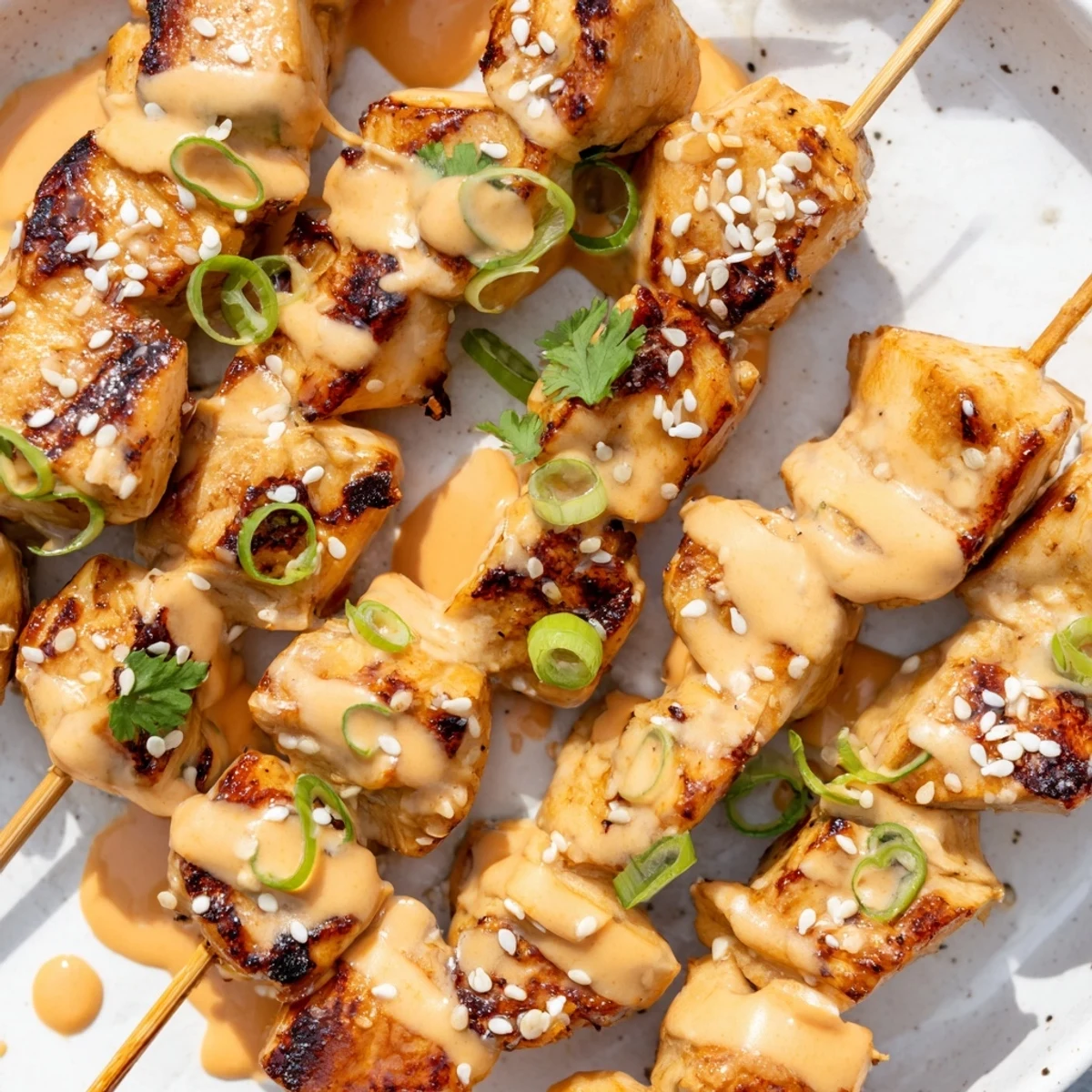 Golden grilled Bang Bang Chicken Skewers drizzled with creamy spicy sauce and sprinkled with sesame seeds