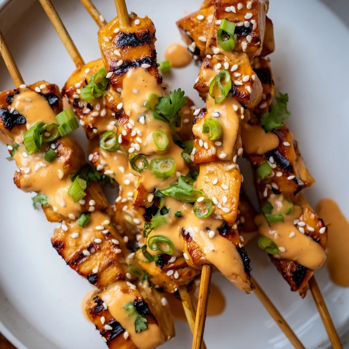 Juicy chicken skewers coated in tangy Bang Bang sauce and garnished with fresh scallions and cilantro