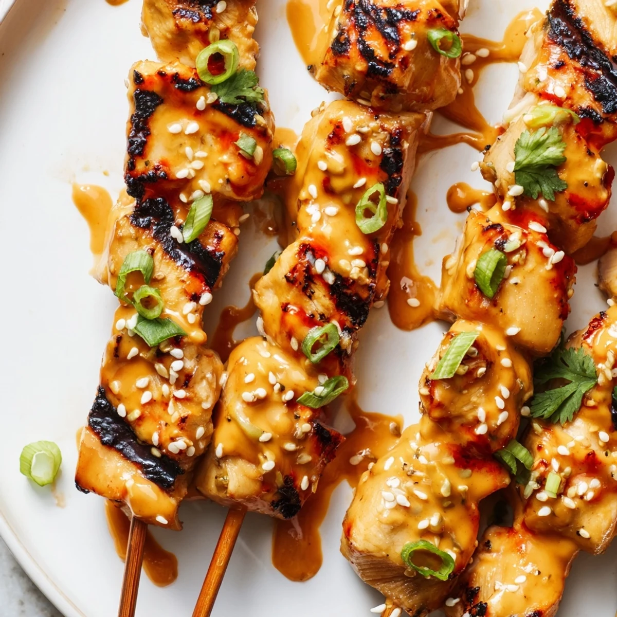 Succulent grilled Bang Bang Chicken Skewers brushed with sweet chili sriracha sauce on a serving platter