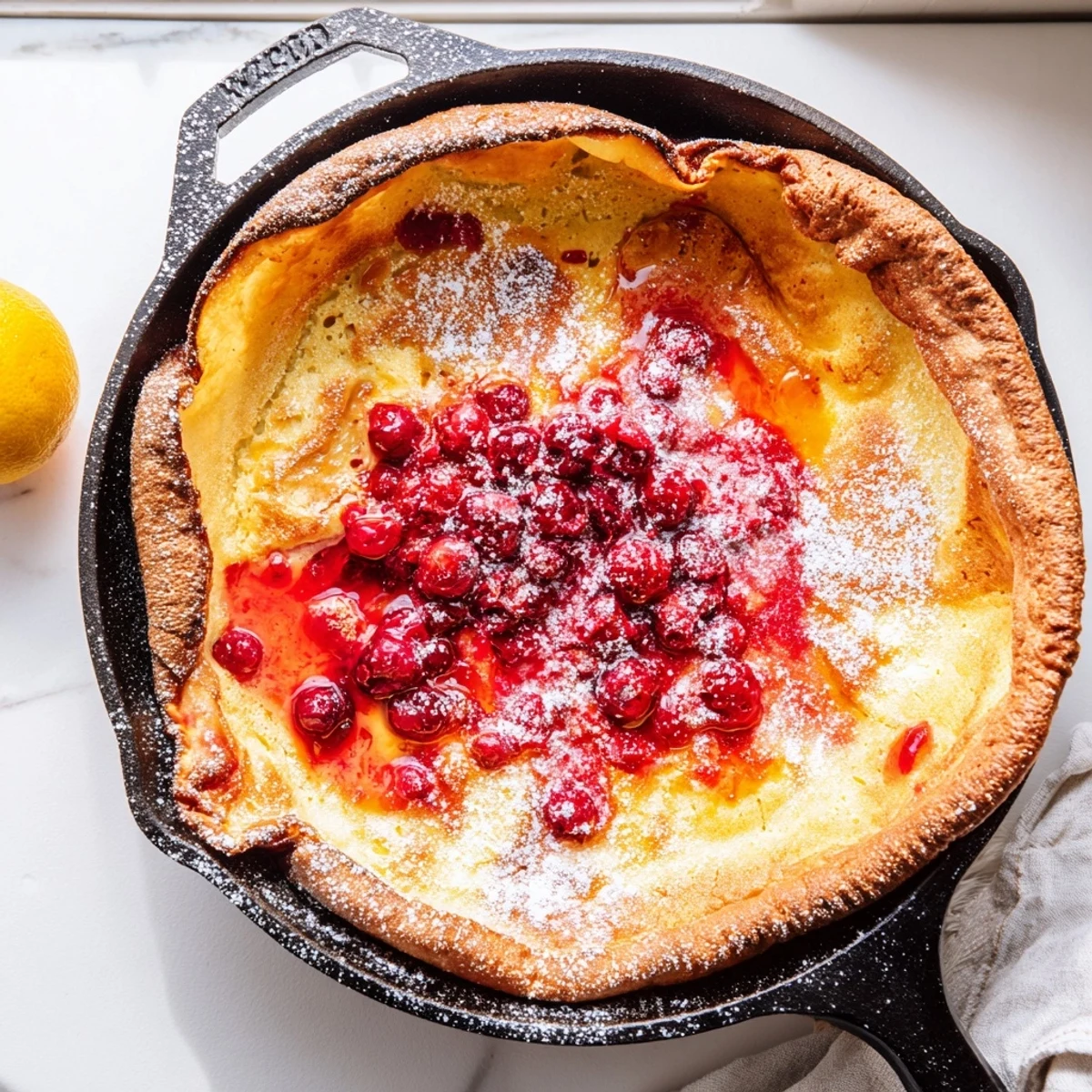 Golden puffed Dutch Baby pancake topped with vibrant red cranberry compote and powdered sugar dusting