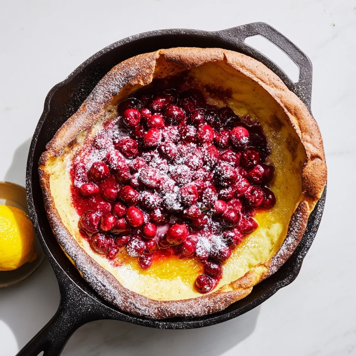 Fluffy oven-baked Dutch Baby served warm with tangy homemade cranberry sauce for brunch or dessert