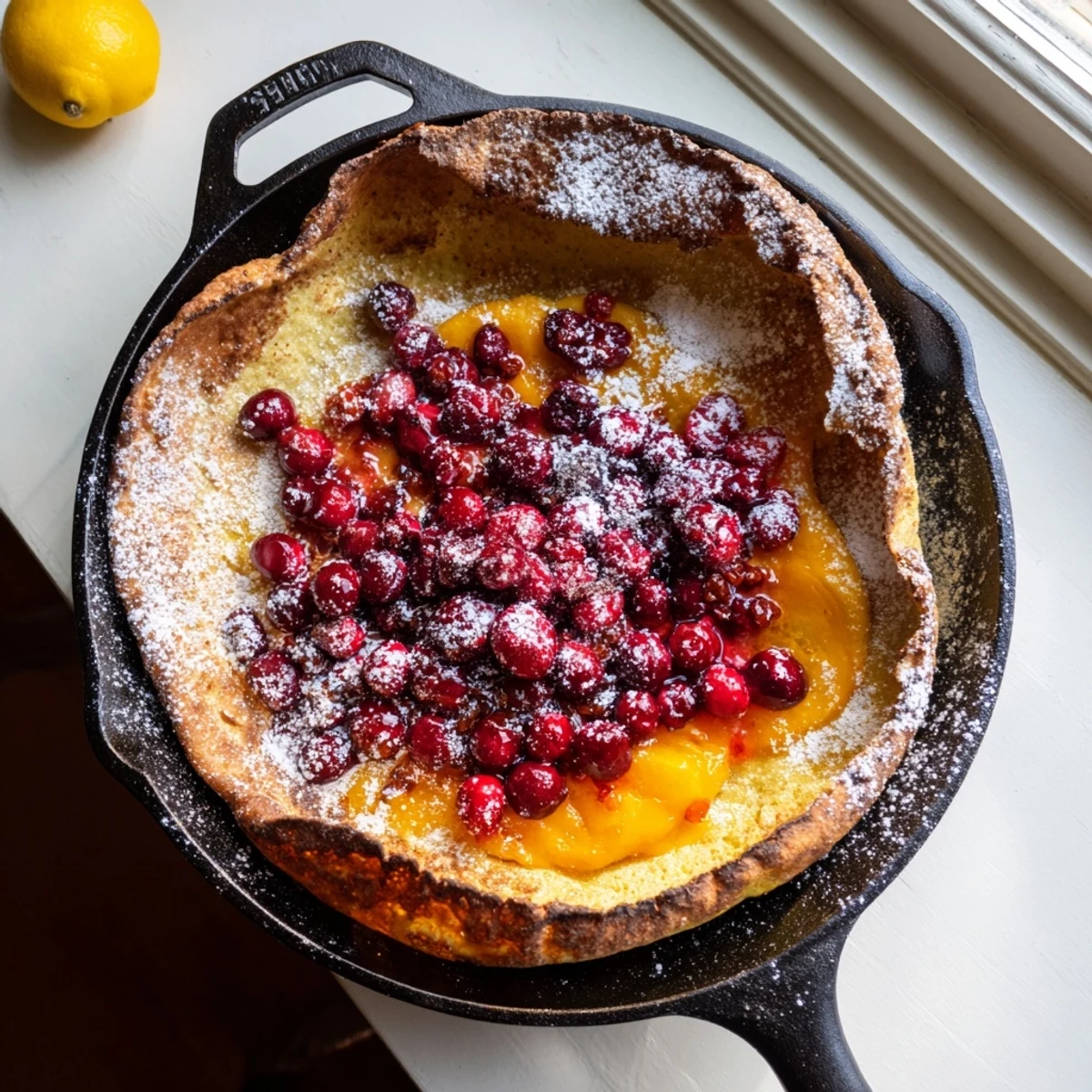 Crispy edged Dutch Baby pancake drizzled with sweet tart cranberry compote on a white serving plate