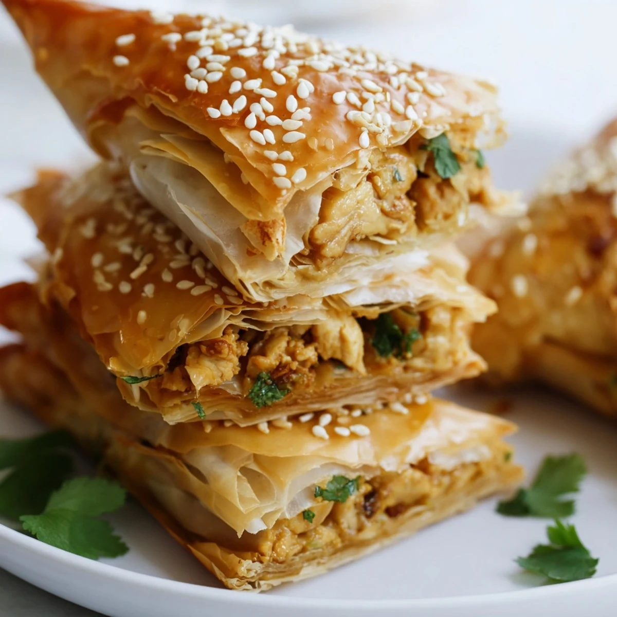 Golden crispy Moroccan spiced chicken briouats arranged on a serving platter with sesame seed garnish