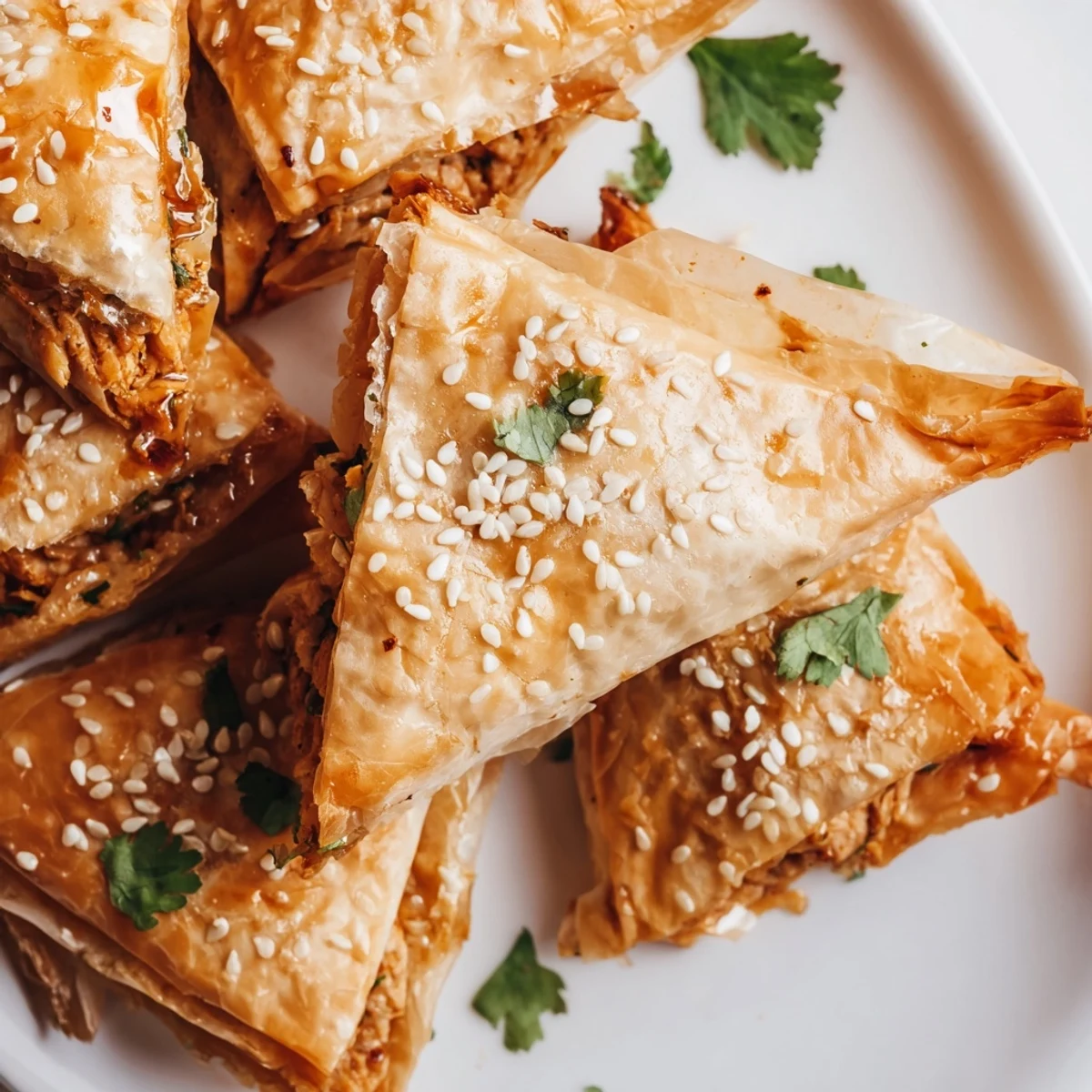 Homemade Moroccan chicken briouats featuring flaky pastry layers and fragrant spice filling ready for serving