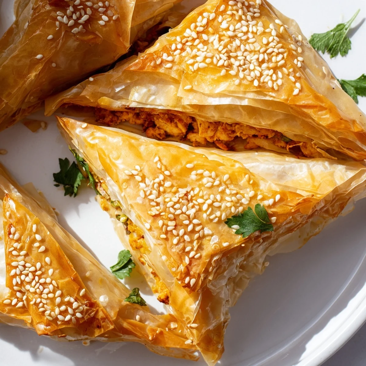 Triangular phyllo pastry pockets filled with aromatic spiced chicken baked to golden brown perfection
