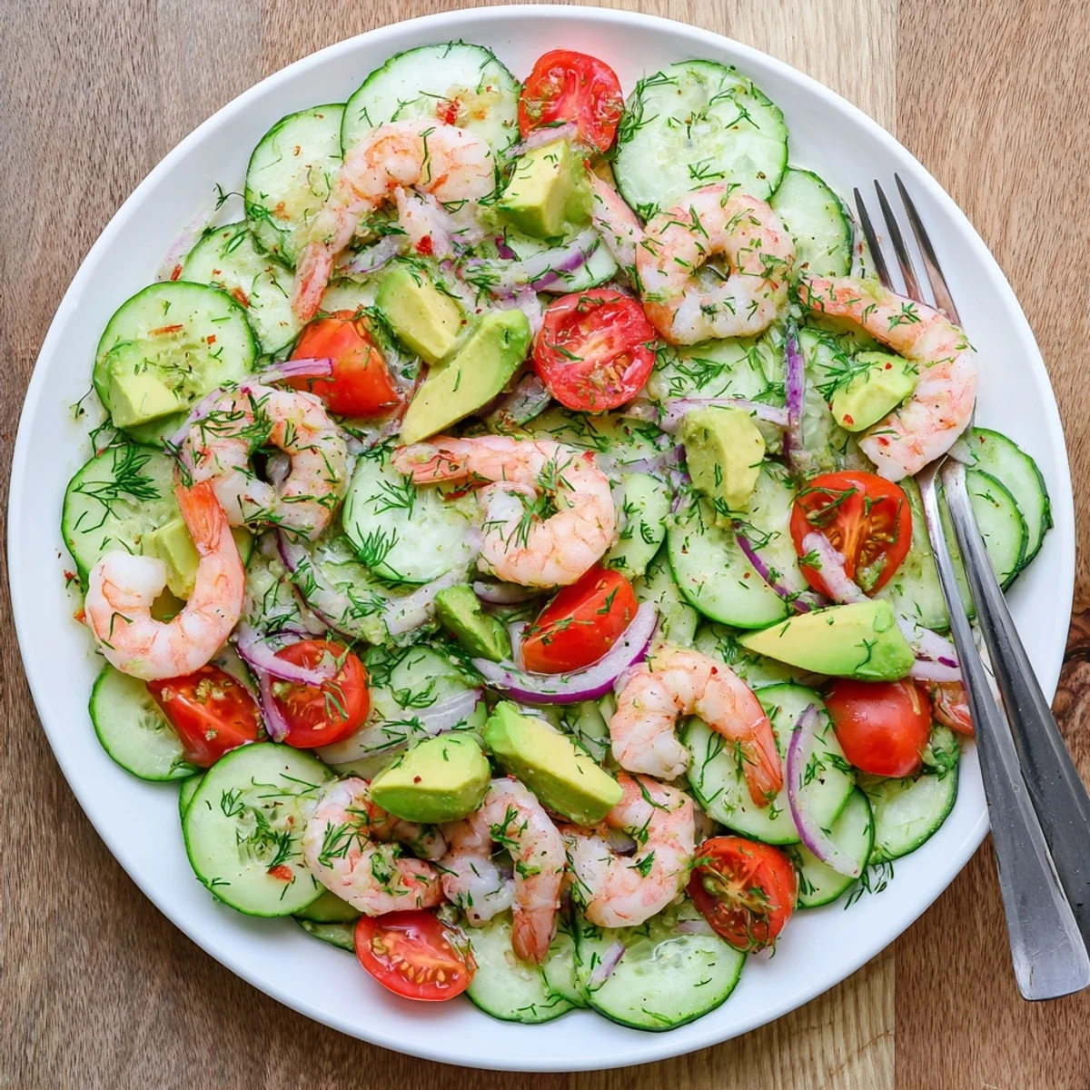 Colorful bowl of cucumber shrimp salad tossed with juicy cherry tomatoes, fresh dill, parsley, and zesty lemon olive oil dressing