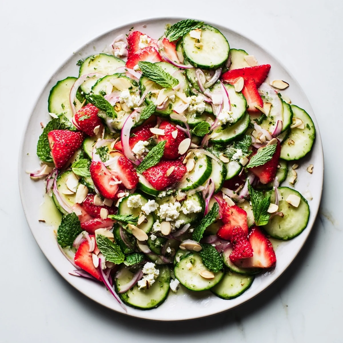 Fresh strawberry cucumber salad featuring juicy red berries and crisp sliced vegetables drizzled with citrus honey dressing