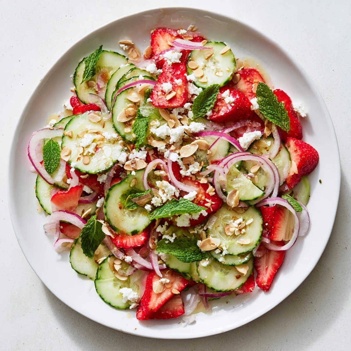 Colorful bowl of refreshing strawberry cucumber salad topped with mint leaves and optional feta cheese for summer lunches