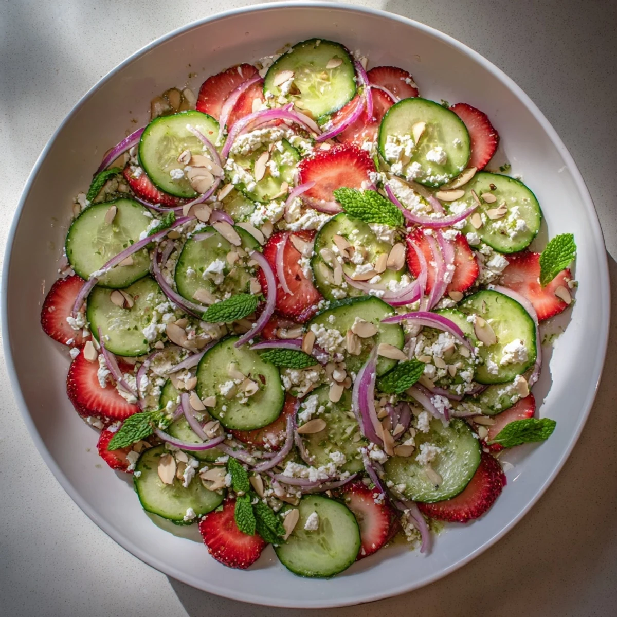 Vibrant summer strawberry cucumber salad arranged with thinly sliced produce and light citrus honey dressing for a light meal