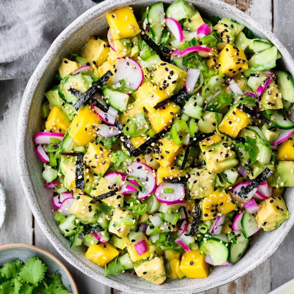 Vibrant Hawaiian-inspired avocado mango poke salad tossed in savory soy sesame dressing