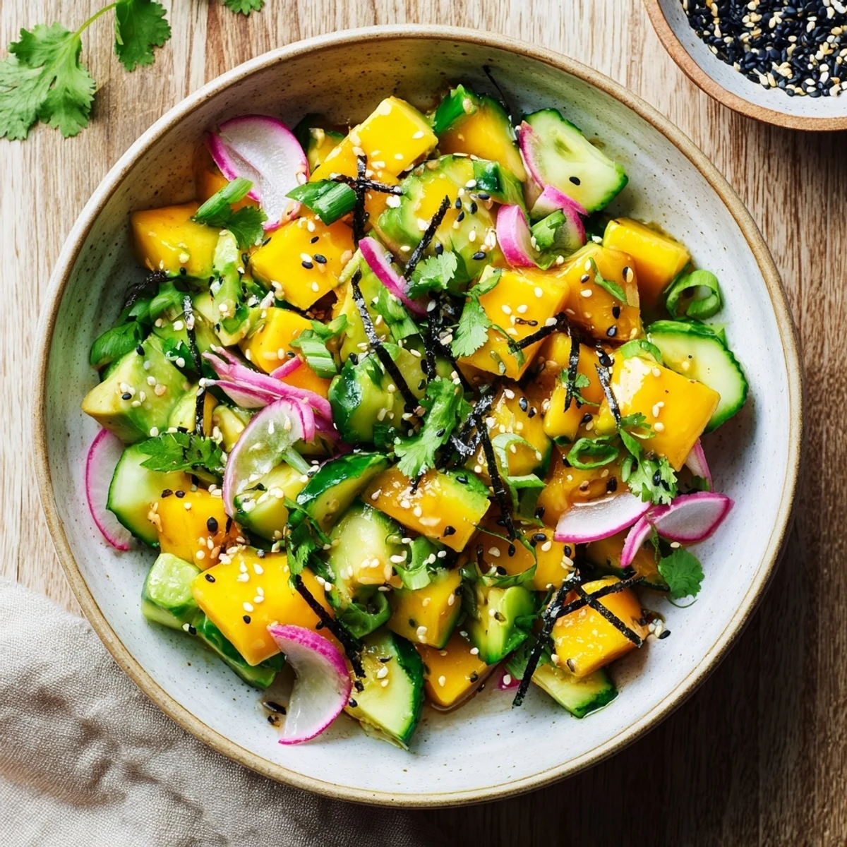 Fresh avocado mango poke salad featuring tropical fruit crisp vegetables and nori strips
