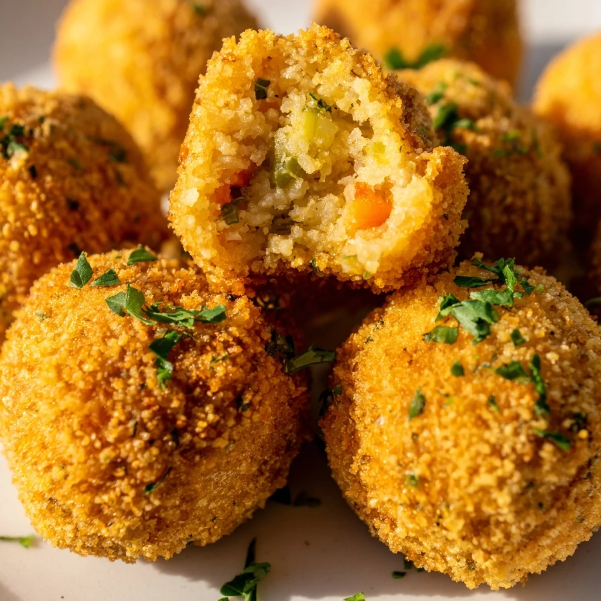 Golden crispy cornbread dressing balls arranged on a white serving platter with fresh parsley garnish