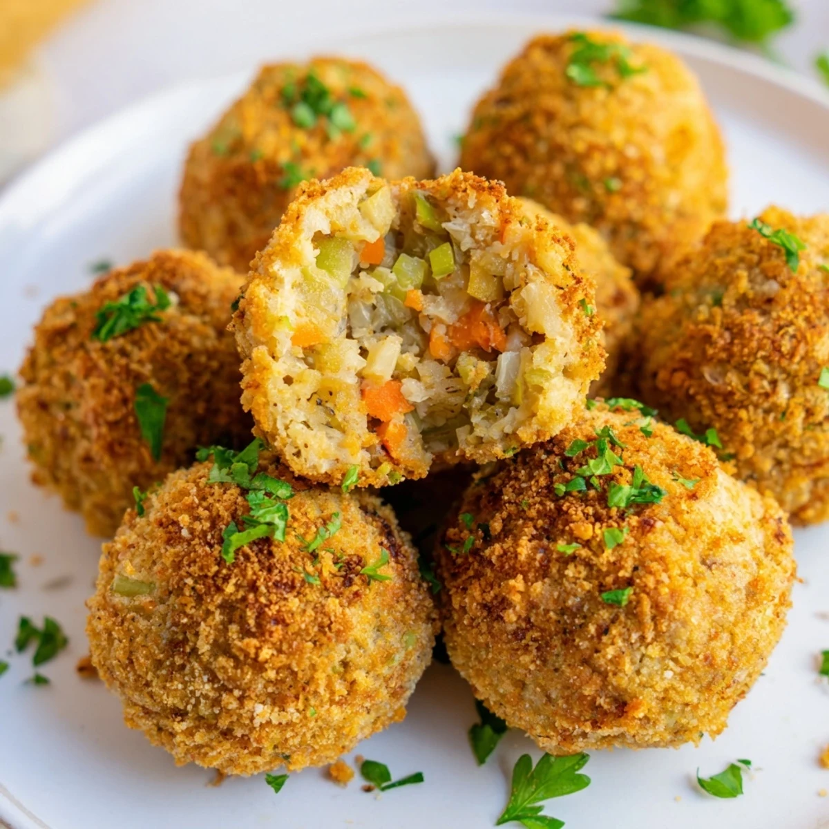 Close-up of fried cornbread dressing balls with crunchy panko coating and moist Southern-style cornbread interior