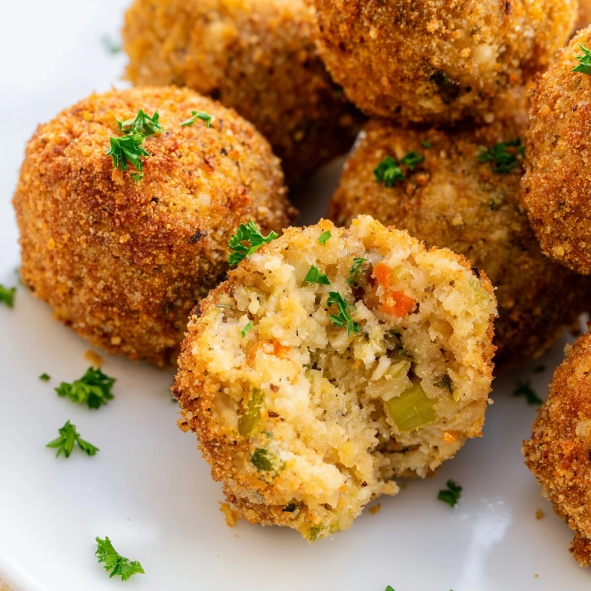 Homemade cornbread dressing balls displayed on rustic wooden board alongside small bowl of turkey gravy