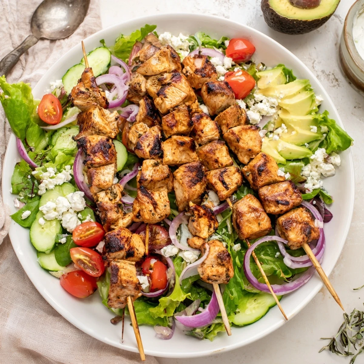 Golden grilled BBQ chicken skewer salad with fresh vegetables and creamy herby ranch dressing
