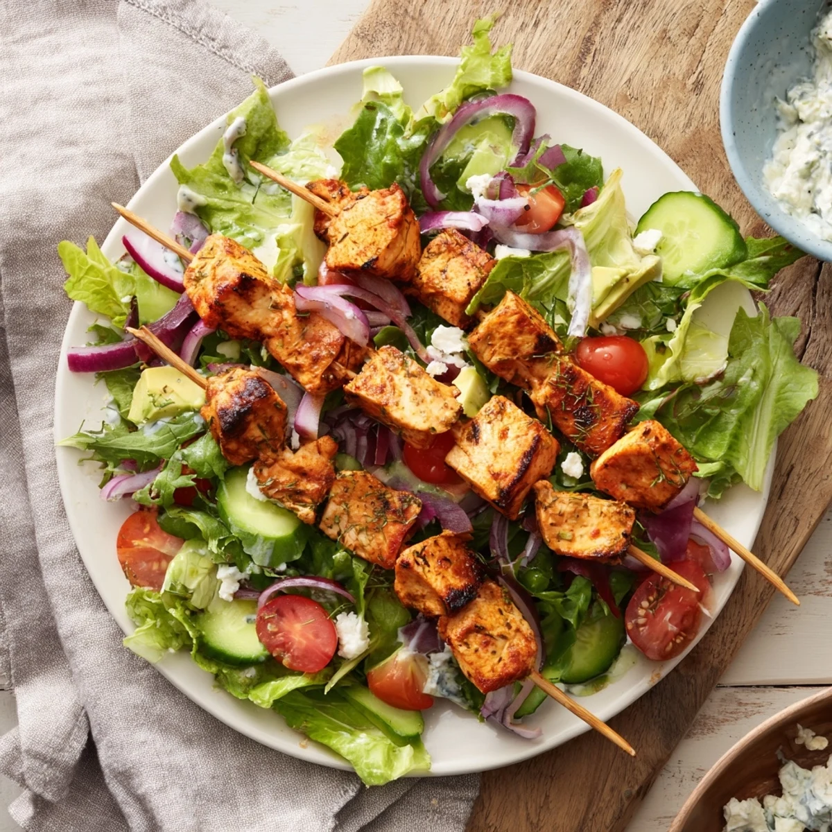 Summer BBQ chicken skewer salad featuring juicy chicken atop mixed greens with ranch drizzle