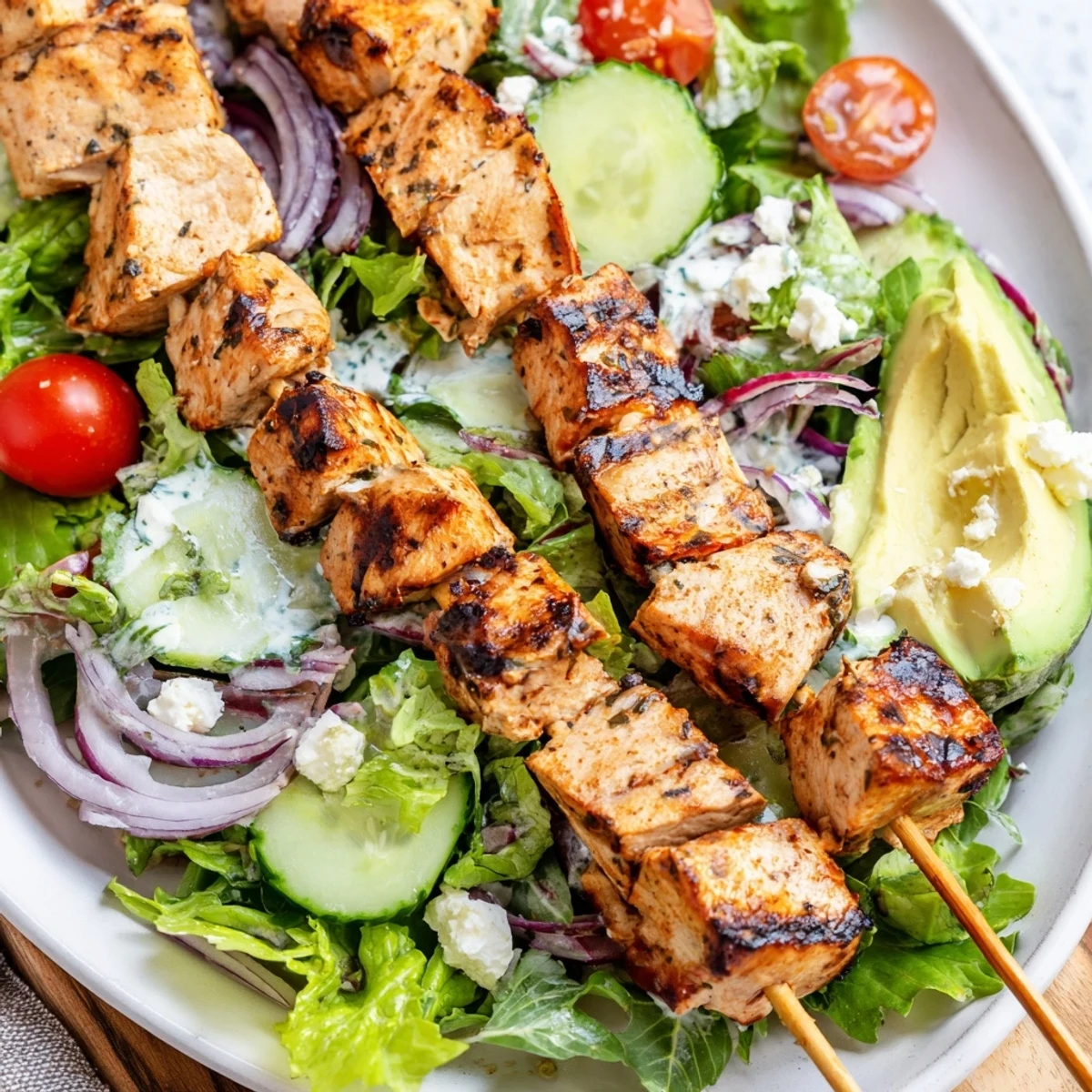 Colorful plate of BBQ chicken skewer salad with avocado, tomatoes, and herby ranch dressing